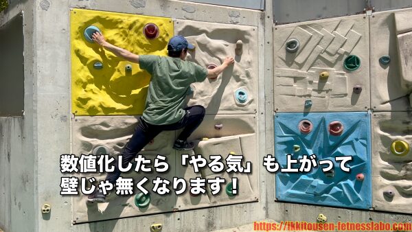 壁をよじ登る人物と、「数値化したら“やる気”も上がって壁じゃ無くなります!」というメッセージ入りの画像。モチベーション維持のための可視化の重要性を伝える。