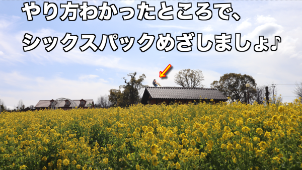 菜の花畑の奥で屋根の上に赤鬼がシットアップしている面白画像