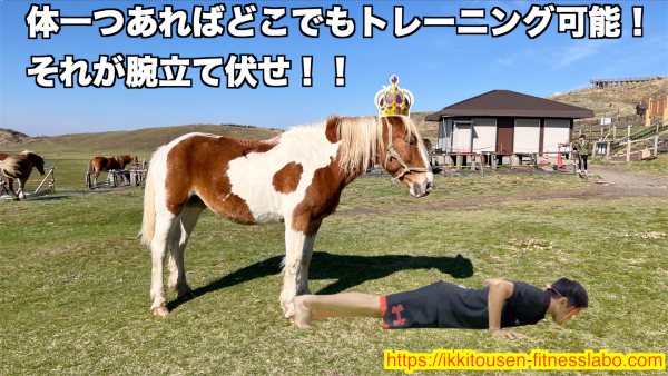 屋外で腕立て伏せをしている様子。体一つあればどこでもトレーニングできることを示す画像