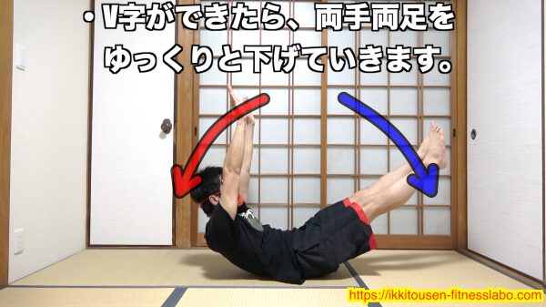 V字腹筋でV字の形を作ったあと、腹筋を意識しながら両手と両足をゆっくり下ろしていく動作を示した画像です