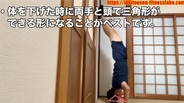 壁あり逆立ち腕立て伏せで、体を下ろしたときに両手と頭が三角形になる位置関係を示した補足画像